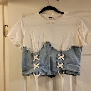 Jean corset white t-shirt top size xl white tie up on denim